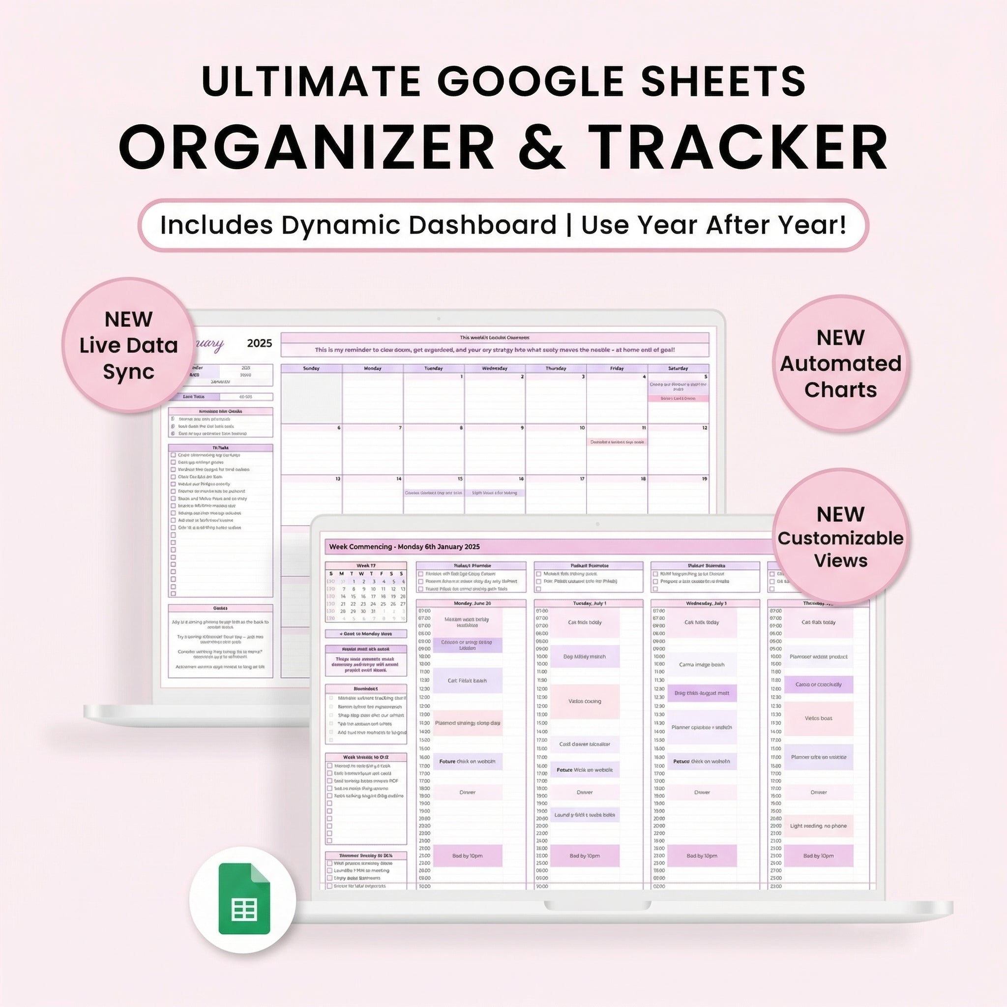 Minimal & Clean Google Sheets Planner – Daily, Weekly & Monthly Digital Organizer (Instant Download)