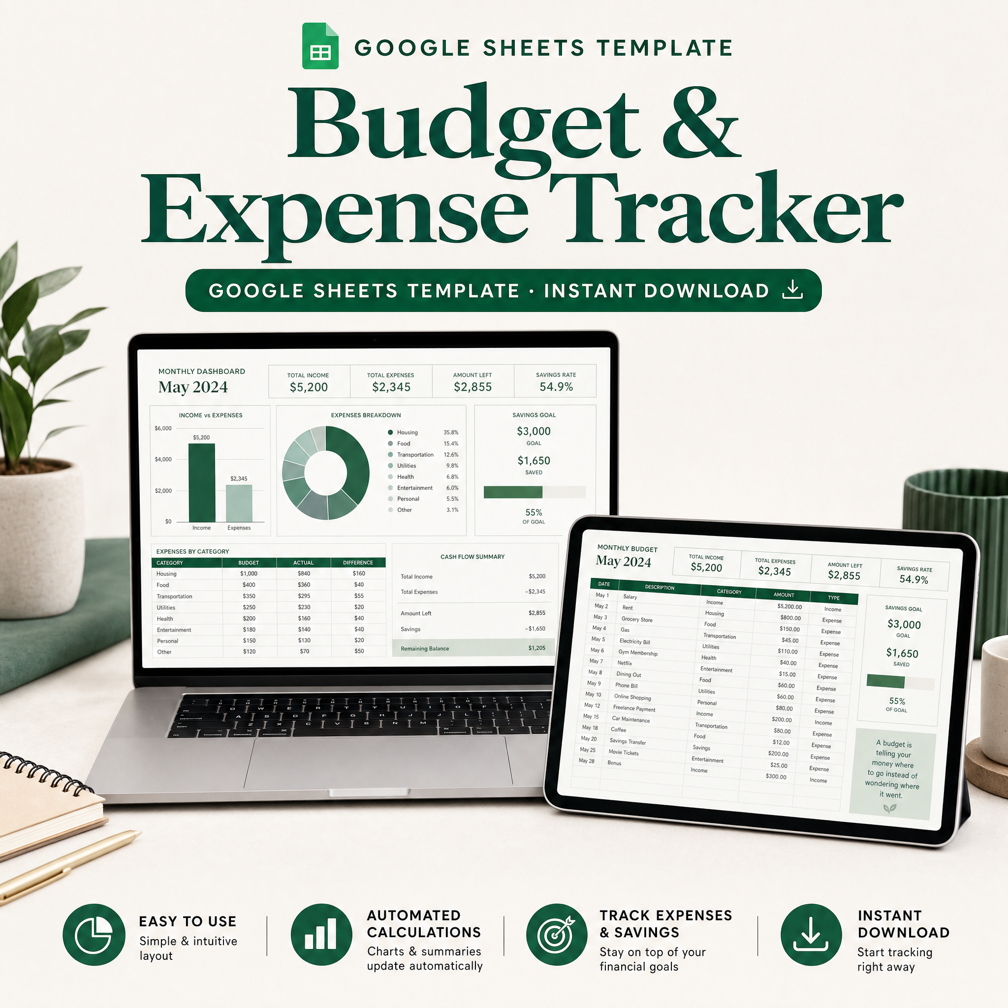 Budget & Expense Tracker — Google Sheets template cover