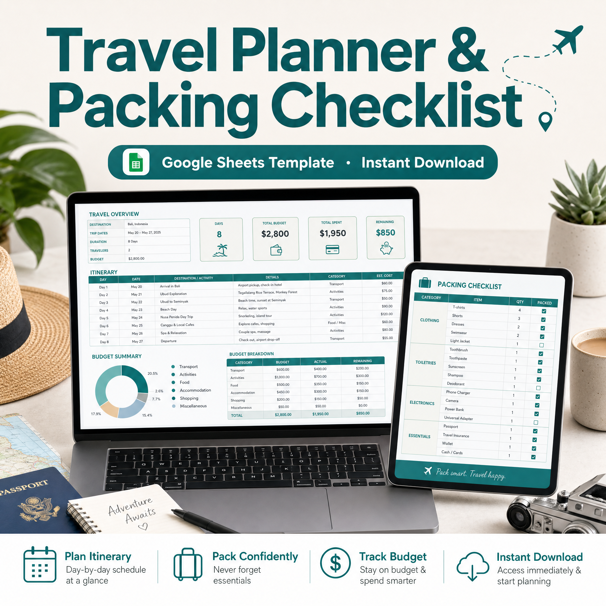 Travel Planner & Packing Checklist — Google Sheets template cover