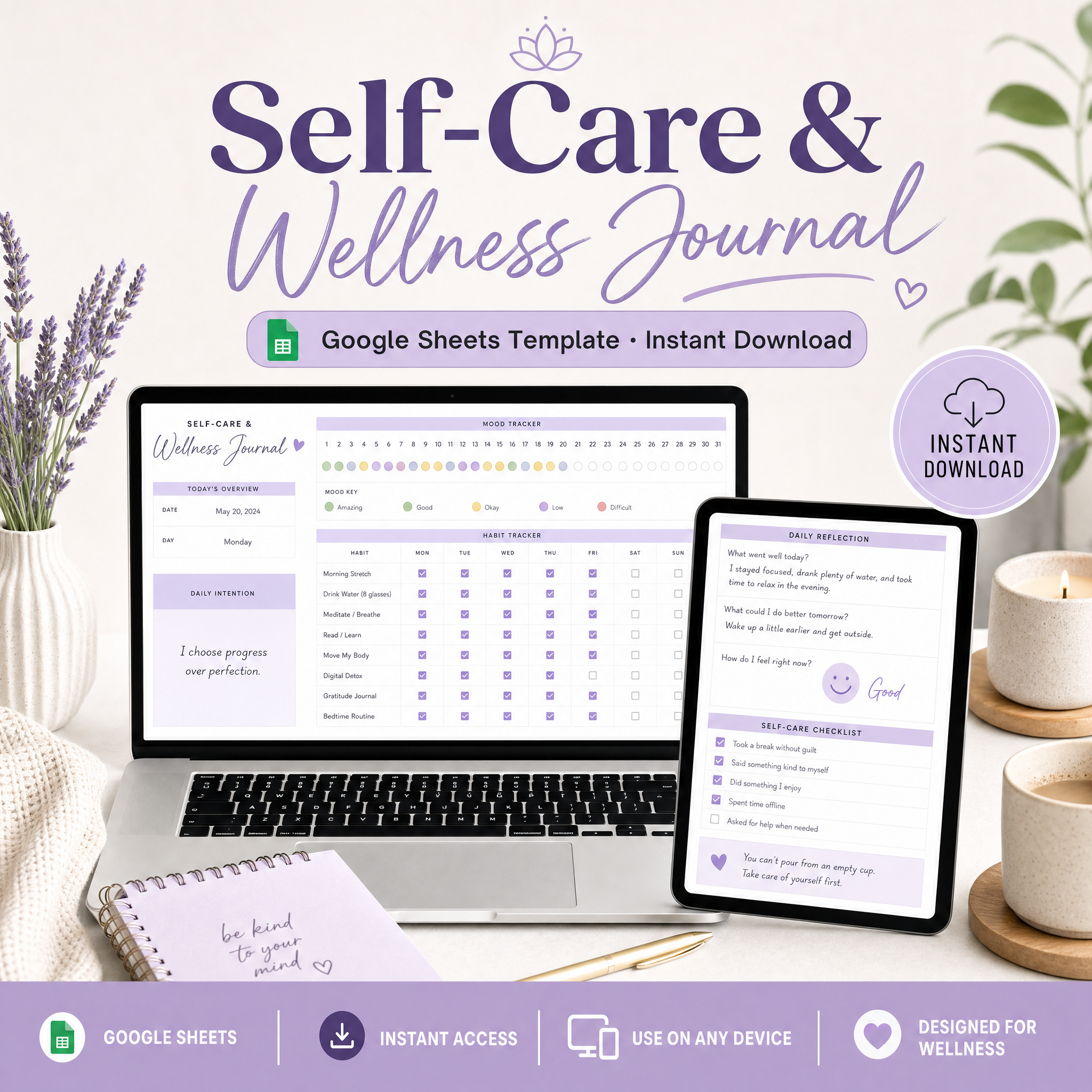 Self-Care & Wellness Journal — Google Sheets template cover