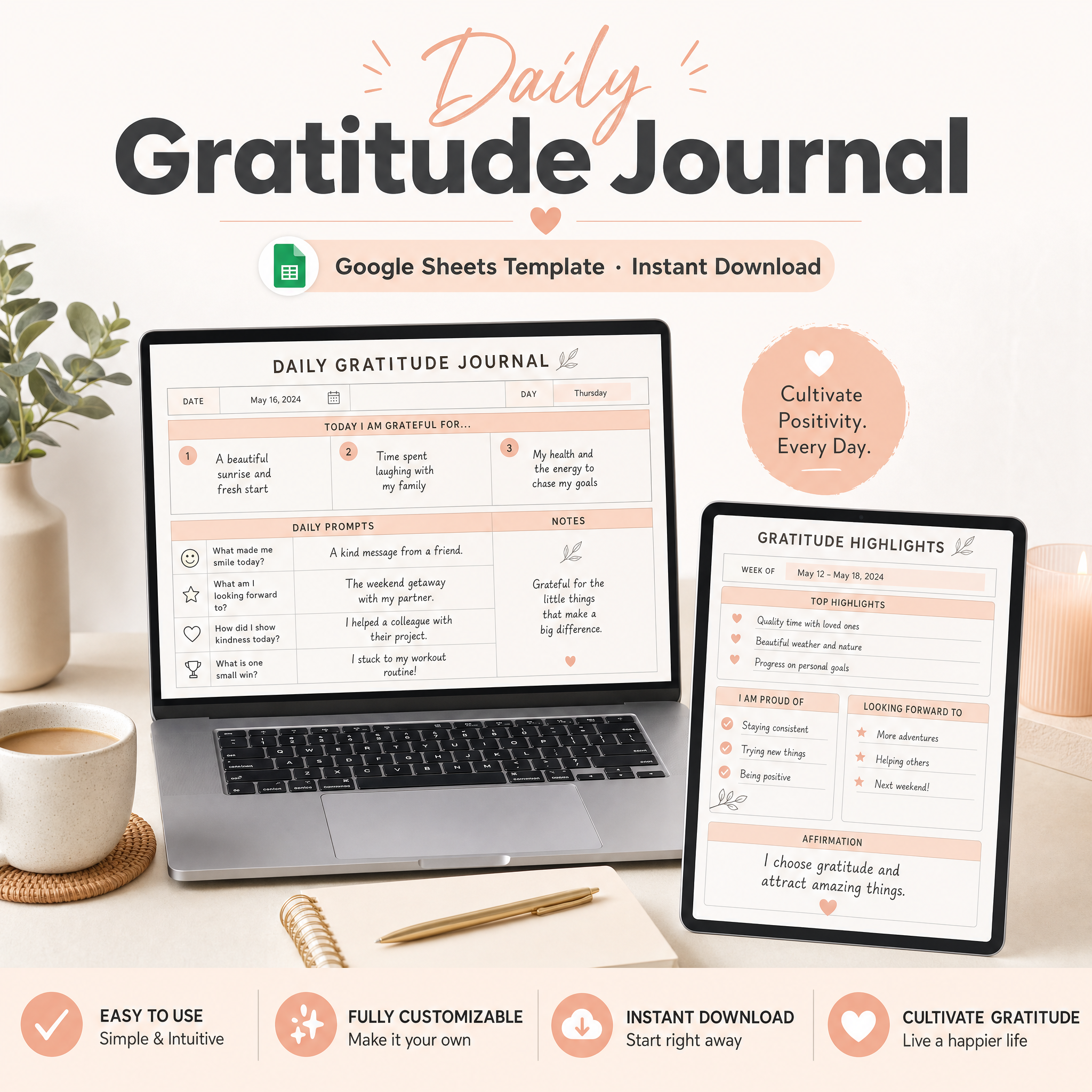 Daily Gratitude Journal — Google Sheets template cover